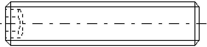A technical drawing of a cylinder showing front and side views. Displays cross-sections and a continuous dashed centreline.