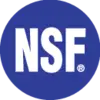 A blue circular logo with white letters 'NSF' in the centre, represents the certification organisation NSF International.