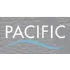 'PACIFIC' is written in white capital letters against a grey background with a bubble pattern. A blue wave runs underneath the word.
