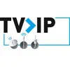 The image depicts the logo 'TV over IP' with symbols for satellite, aerial, and network plug, which represent a connection.