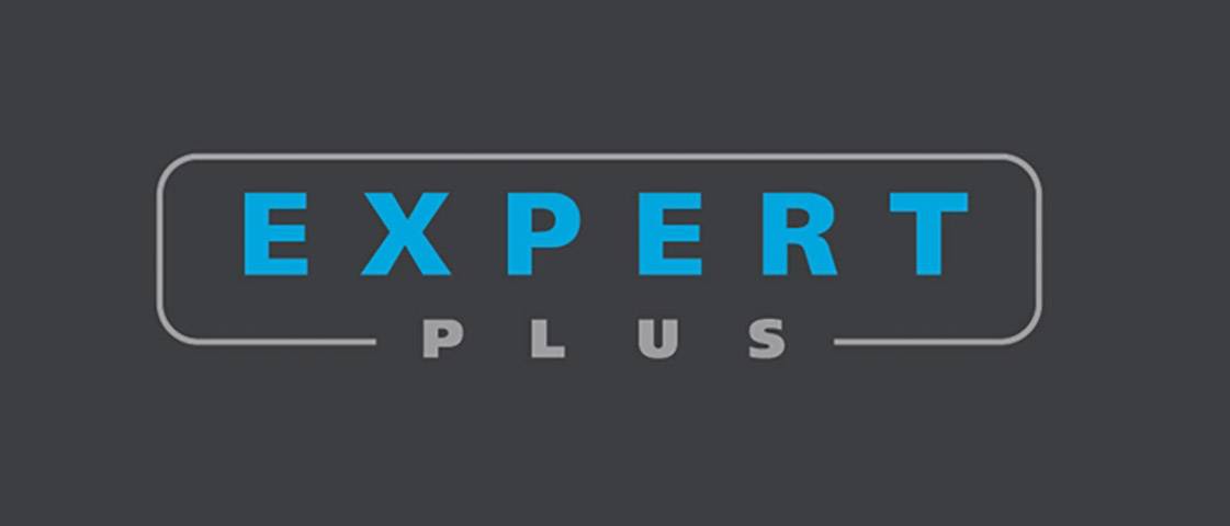 Logo with text 'Expert Plus' in blue and grey letters on a dark grey background.