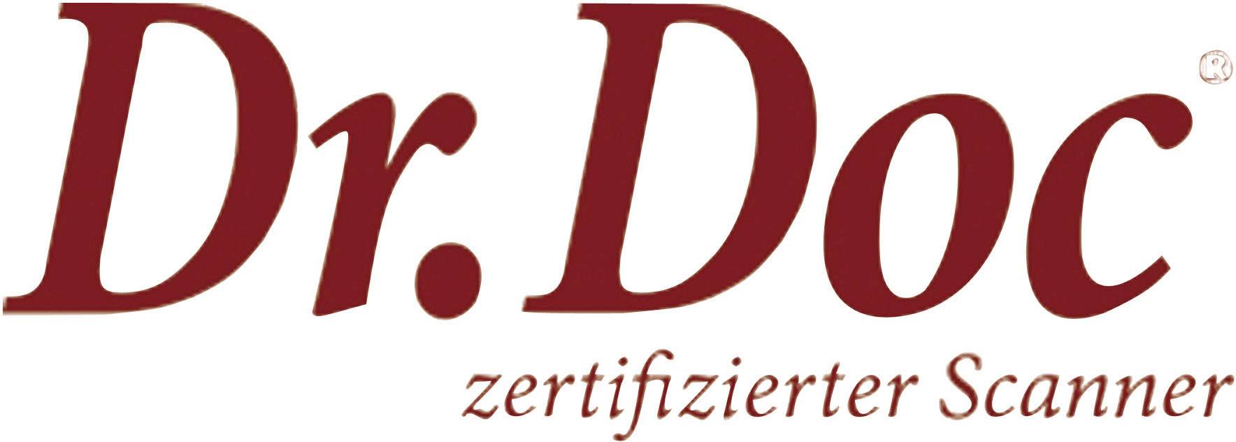 Logo with the inscription 'Dr. Doc Certified Scanner' in red text on a white background.