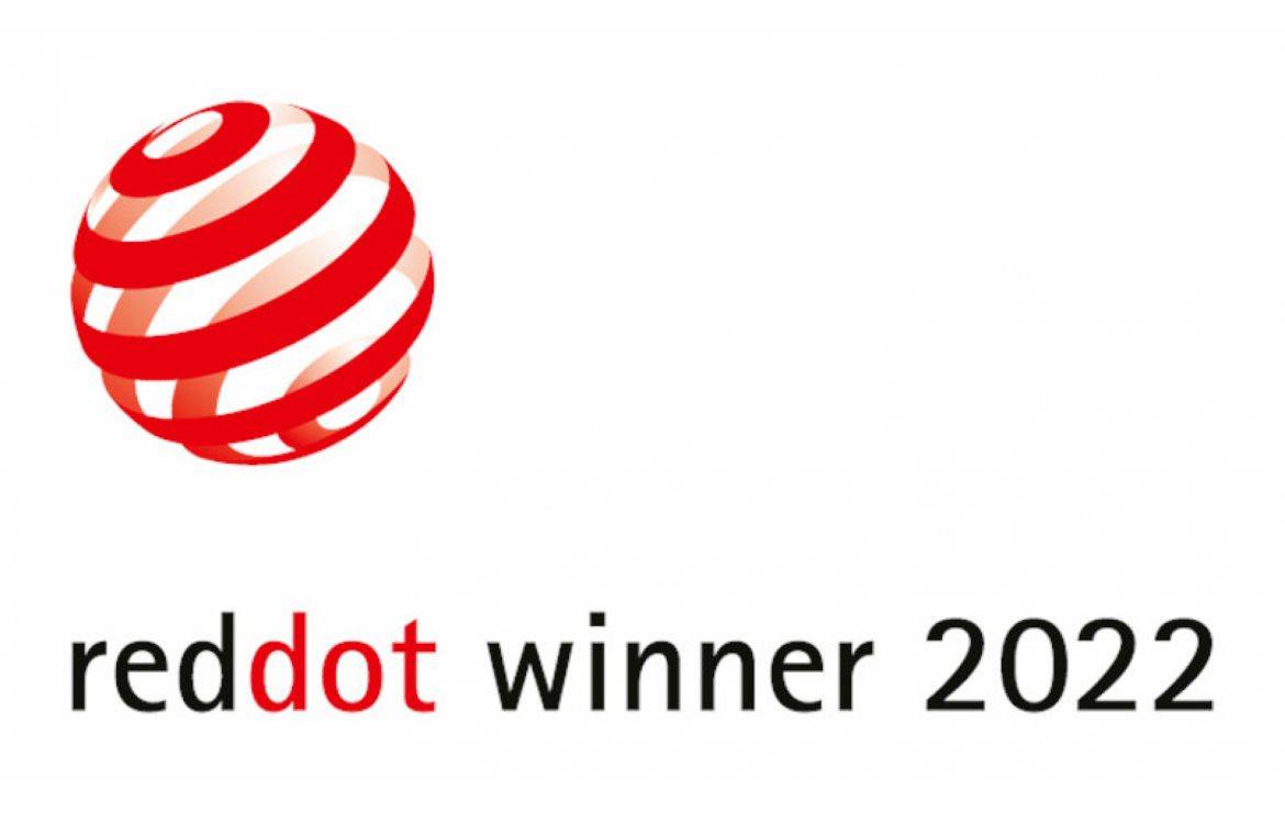 Red dot logo with a red dot surrounded by circles. Text: 'Red Dot Winner 2022'. Award for outstanding design.
