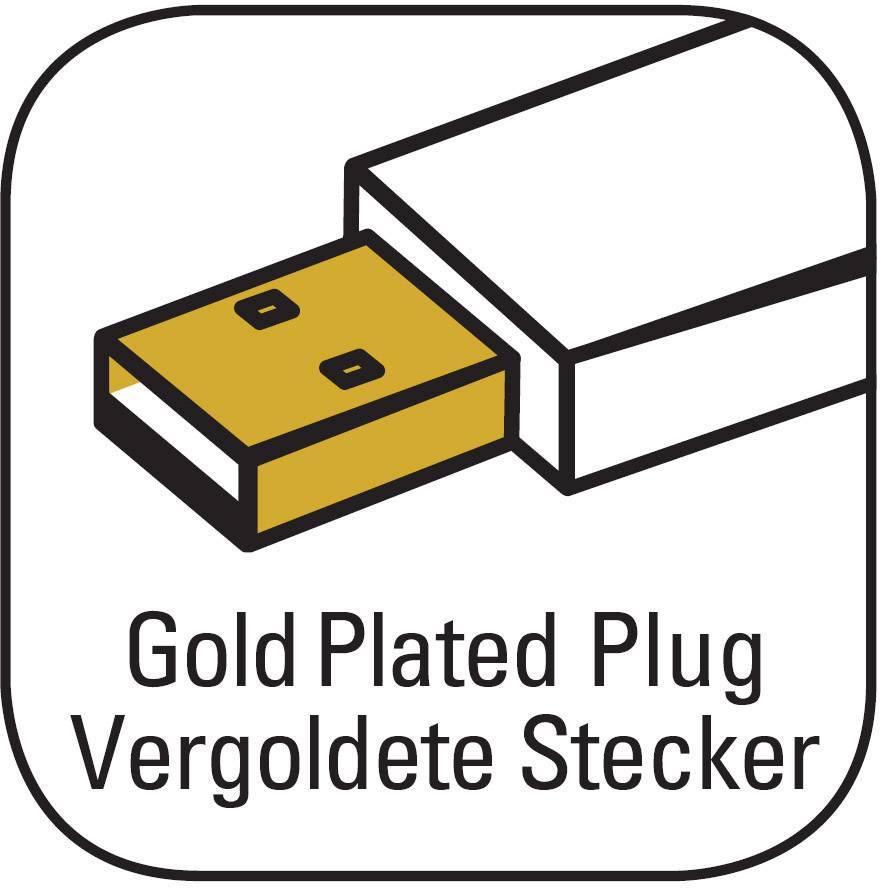 'Gold Plated Plug Vergoldete Stecker' shows a schematic, gold-plated USB plug with labelling, emphasising durability.