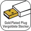 'Gold Plated Plug Vergoldete Stecker' shows a schematic, gold-plated USB plug with labelling, emphasising durability.