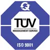 'ISO 9001: TÜV Management Service' logo in blue and white, symbolises quality management certification.