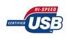 Logo with text 'Hi-Speed Certified USB', red and blue background. Symbolises high data transfer speed.