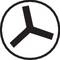 A black circular symbol with three symmetrical arms pointing outwards on a white background.