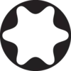A black star gear symbol with six rounded teeth and a circle forming the outer boundary.