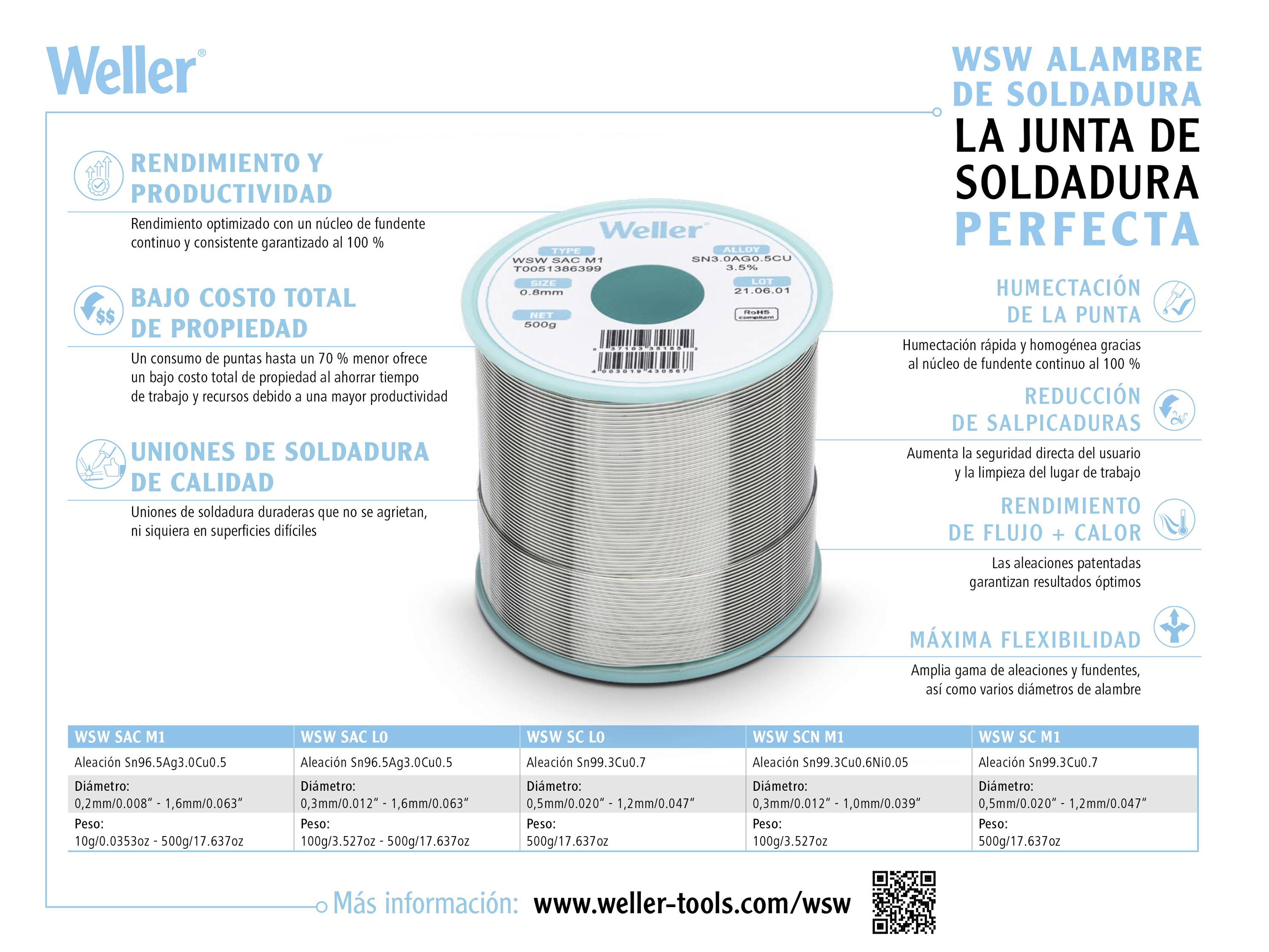 Weller WSW SC M1 Estaño para soldar, sin plomo Bobina Sn0,7Cu 500 g 1 mm-7