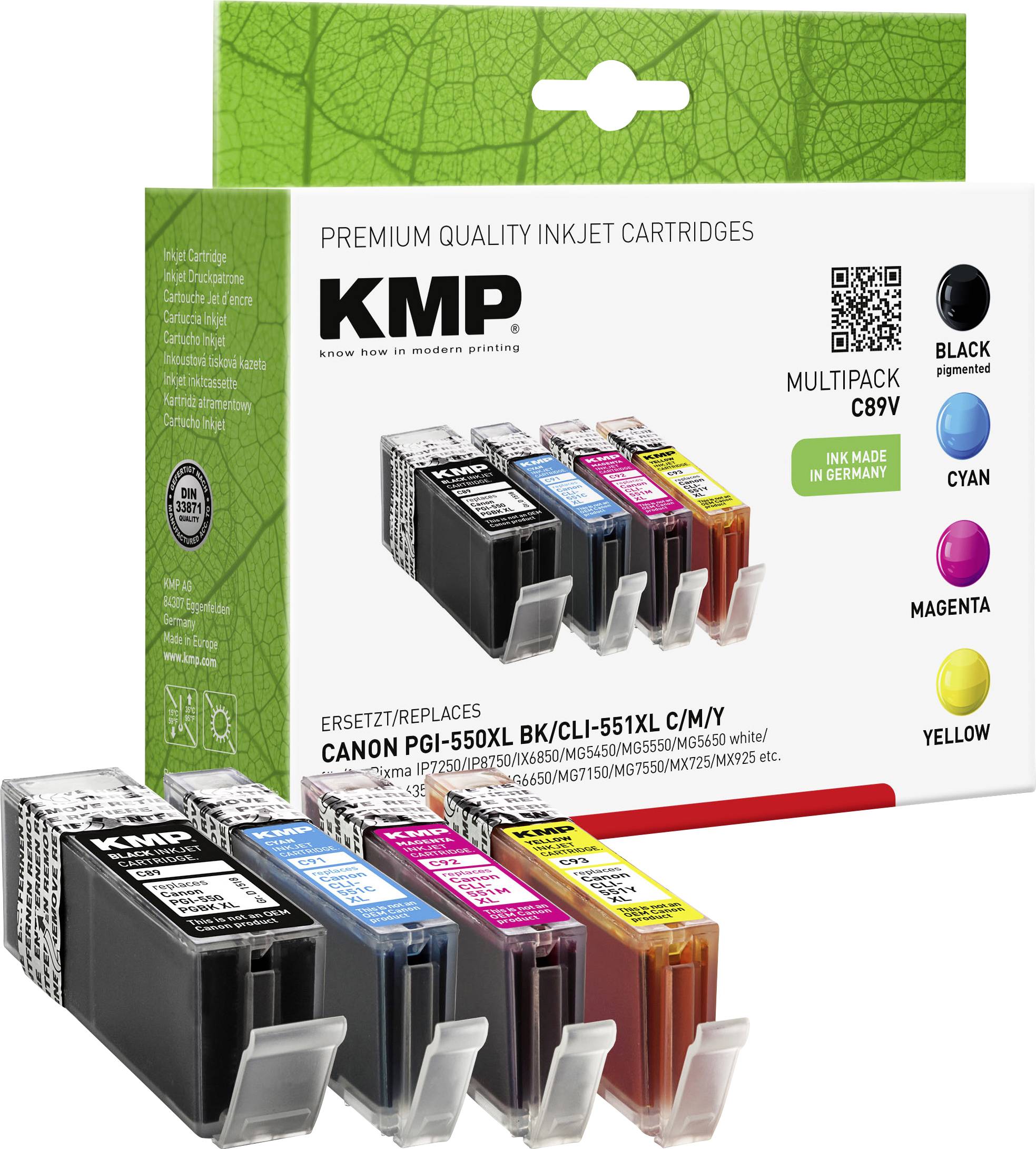 KMP Ink replaced Canon PGI-550PGBK XL, CLI-551C XL, CLI-551M XL, CLI551Y XL Compatible Paquete combinado Negro, Cian, Magenta, Amarillo C89V 1518,0050