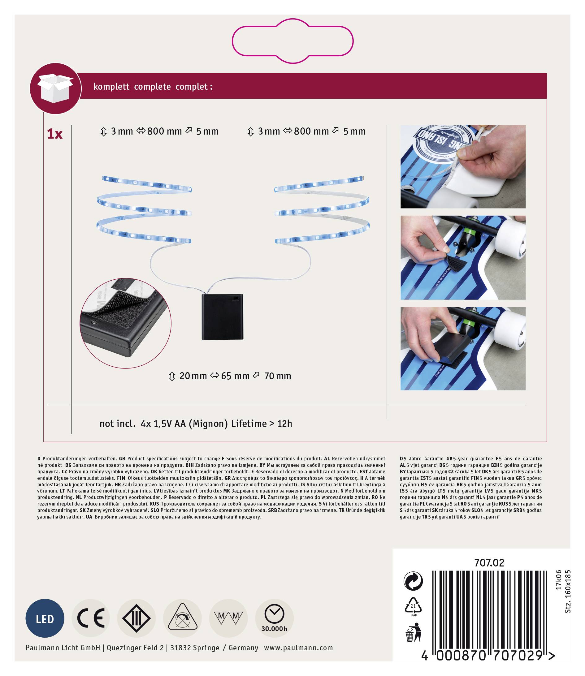 Paulmann 70702 Conjunto completo de tiras LED Con caja de pilas 6 V 800 mm Azul Piece 1 ST-3