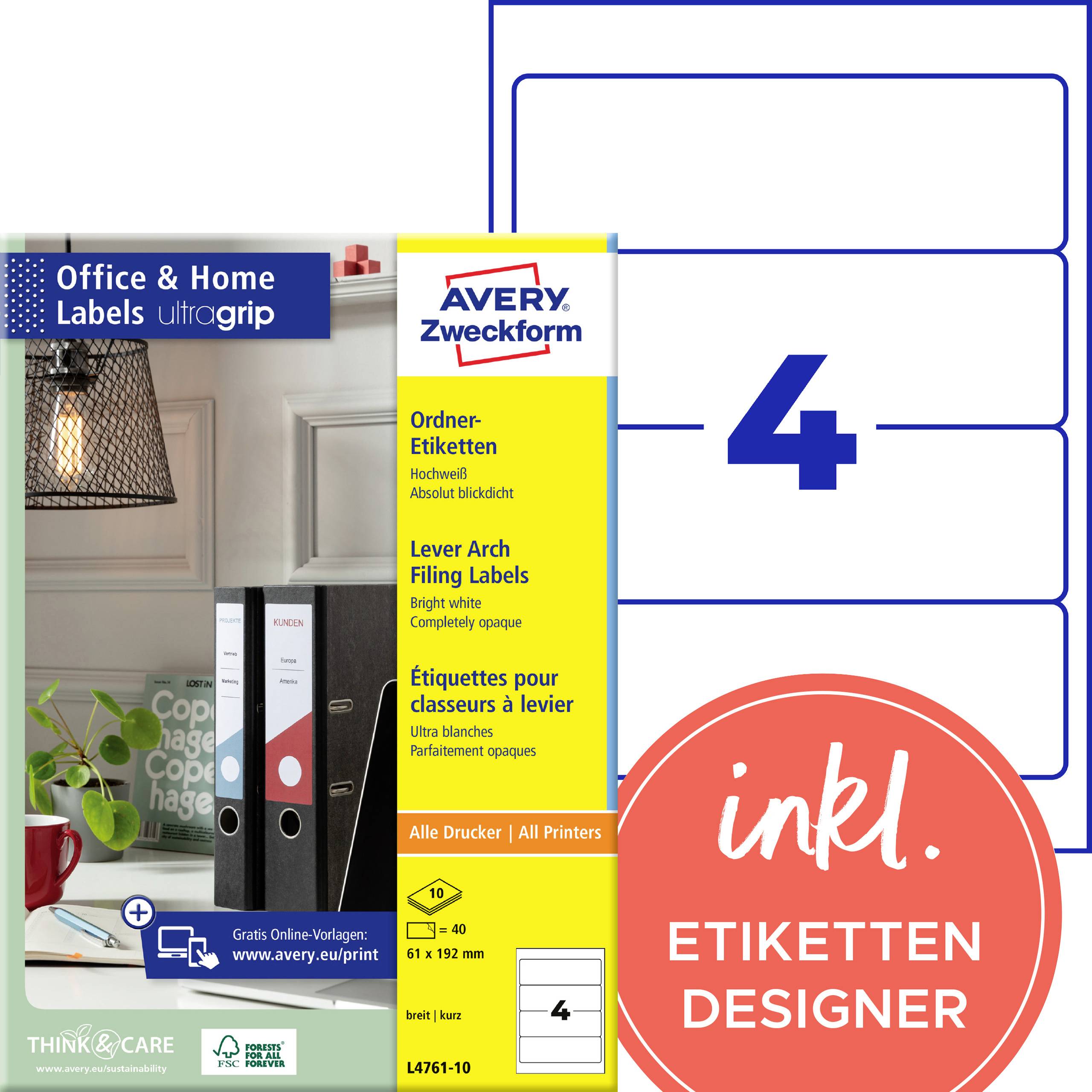 Avery-Zweckform Etiquetas para carpetas L4761-10 61 x 192 mm Papel Blanco Adhesivo permanente 40 UD(S).-12