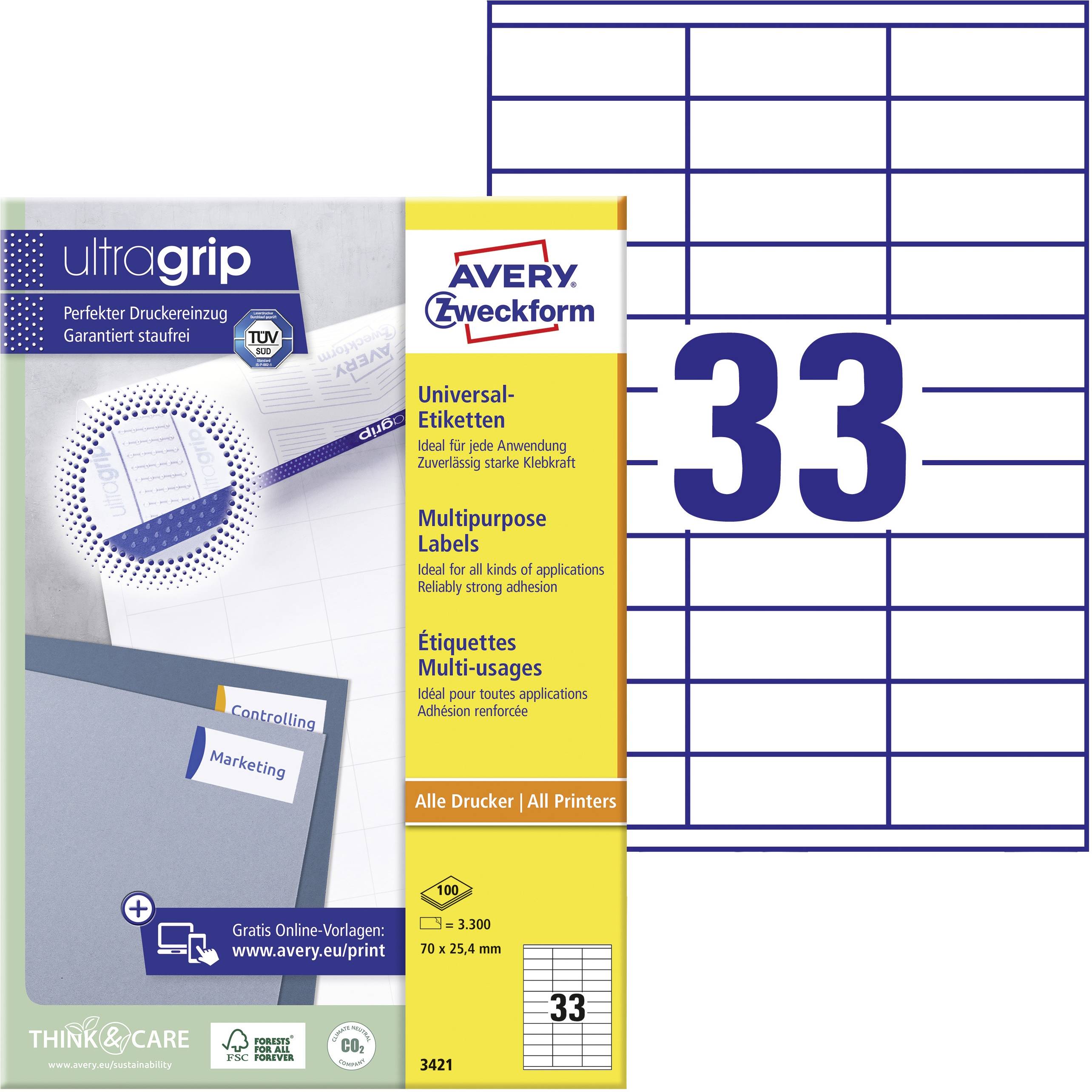 Avery-Zweckform 3421 Etiquetas universales 70 x 25.4 mm Papel Blanco 3300 ST Adhesivo permanente Impresora de inyección de tinta, Impresora láser, Impresora láser de color, Fotocopiadora, Copiadora de color, Rotulación manual