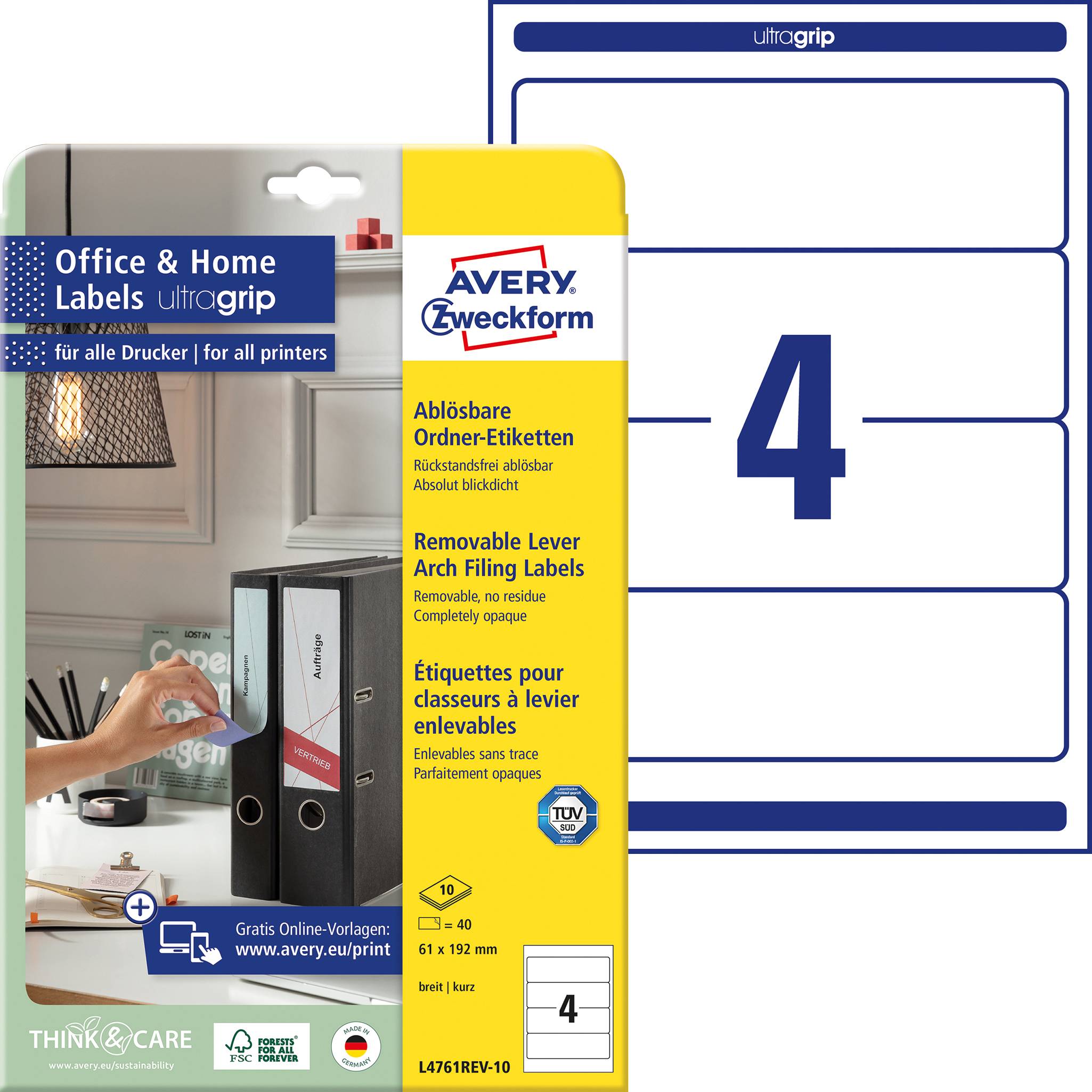 Avery-Zweckform Etiquetas para carpetas L4761REV-10 61 x 192 mm Papel Blanco Removible 40 ST