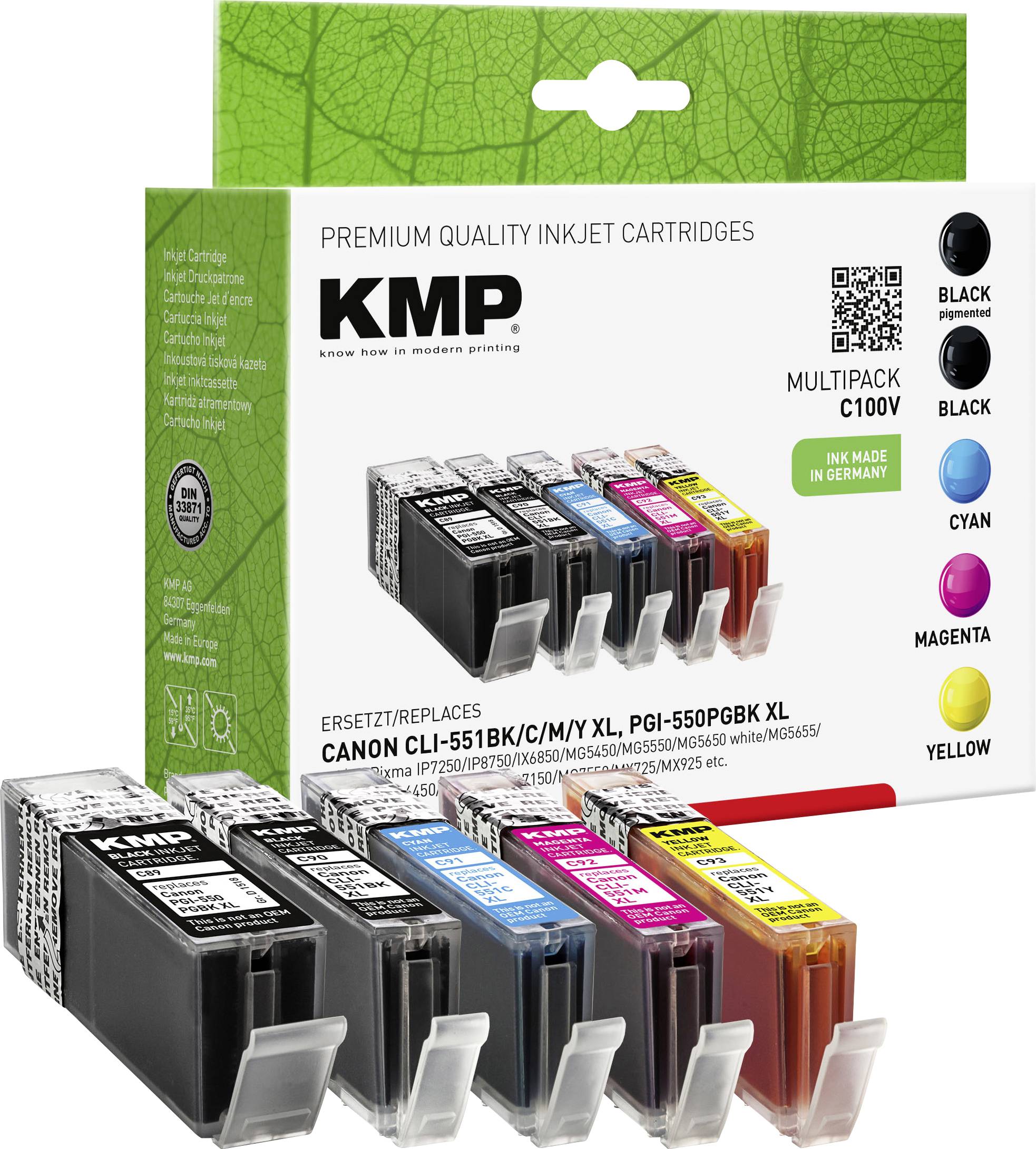 KMP Ink replaced Canon PGI-550PGBK XL, CLI-551BK XL, CLI-551C XL, CLI-551M XL, CLI551Y XL Compatible Paquete combinado Negro, Negro foto, Cian, Magenta, Amarillo C100V 1519,0050