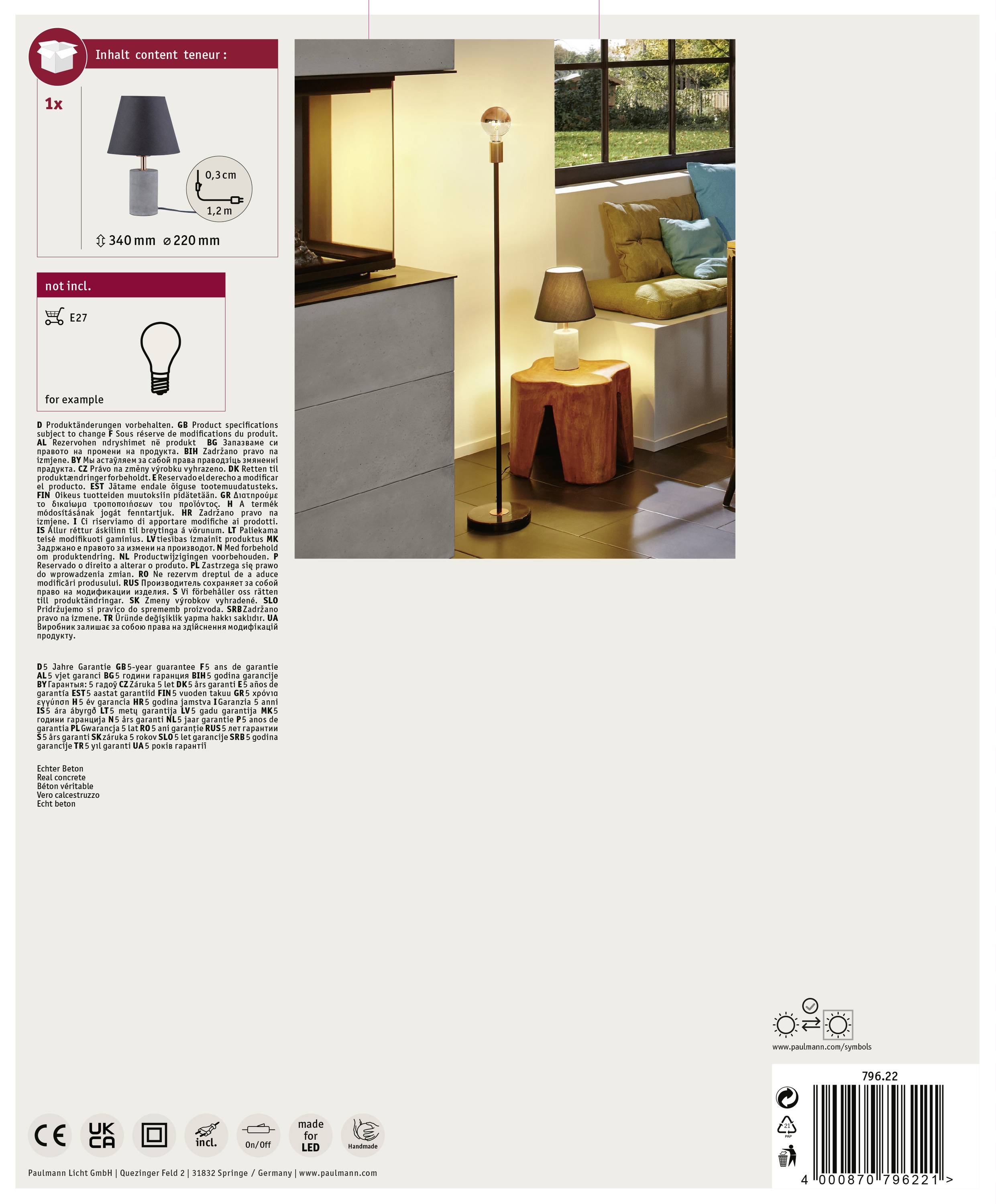 Paulmann Neordic Tem 79622 Lámpara para la mesilla de noche LED E27 20 W Gris hormigón, Cobre, Antracita-5