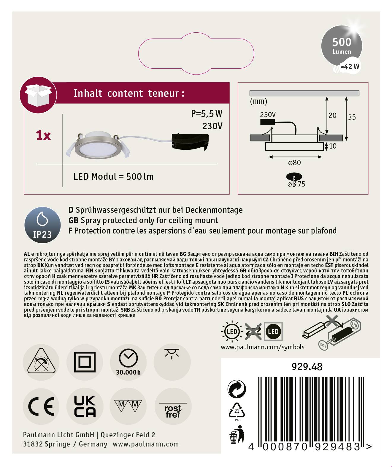 Paulmann 92948 Areo Panel LED encastrado LED LED instalado de forma fija 5 W Níquel (mate)-3