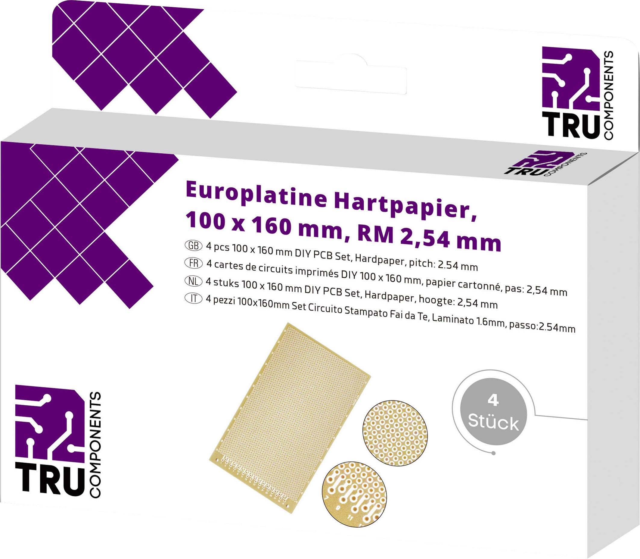 TRU COMPONENTS Europlatina Papel laminado o plastificado ( x ) 160 mm x 100 mm 35 µm Dimensión modular 2.54 mm Contenido 4 ST