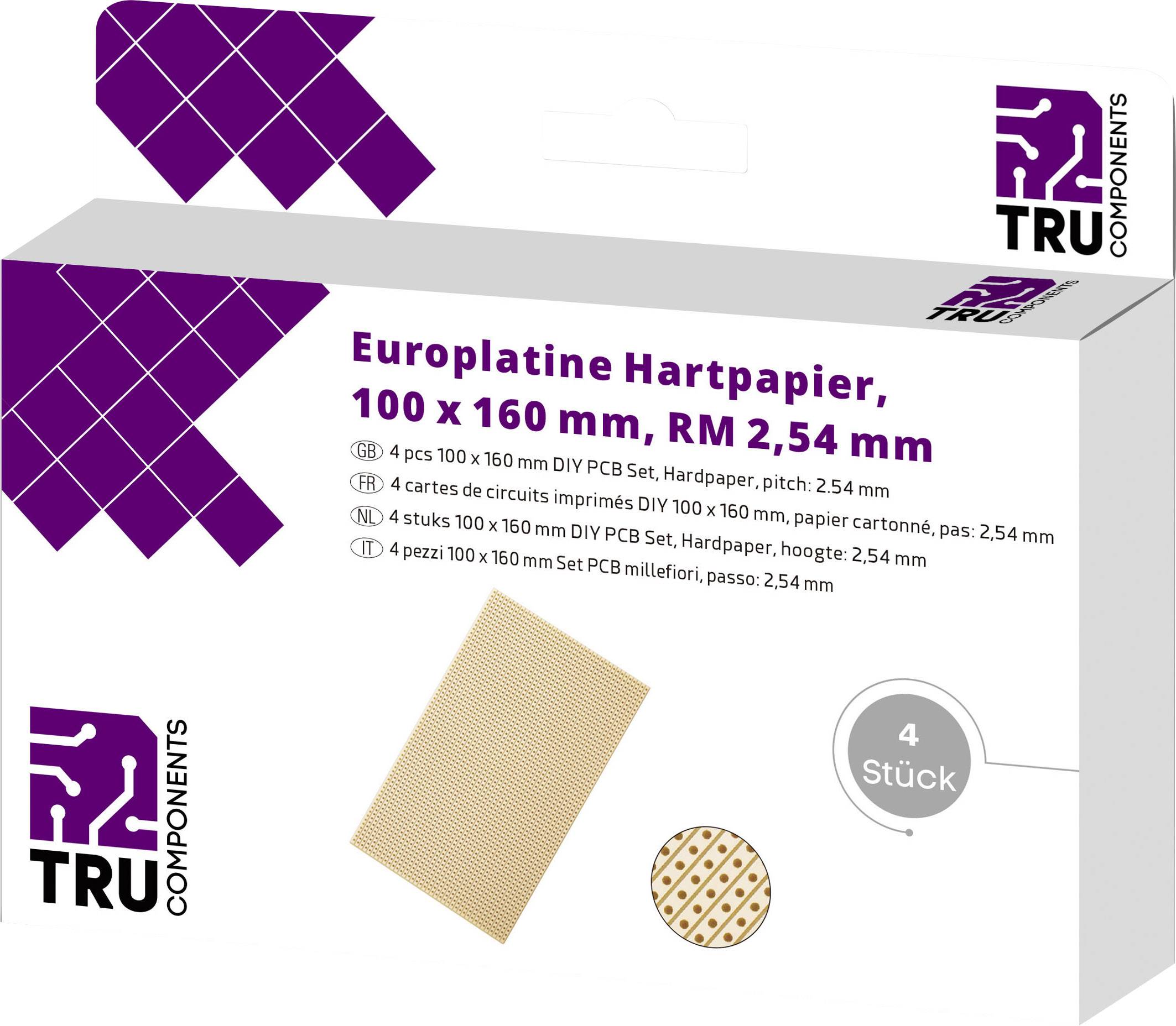 TRU COMPONENTS Europlatina Papel laminado o plastificado ( x ) 160 mm x 100 mm 35 µm Dimensión modular 2.54 mm Contenido 4 ST