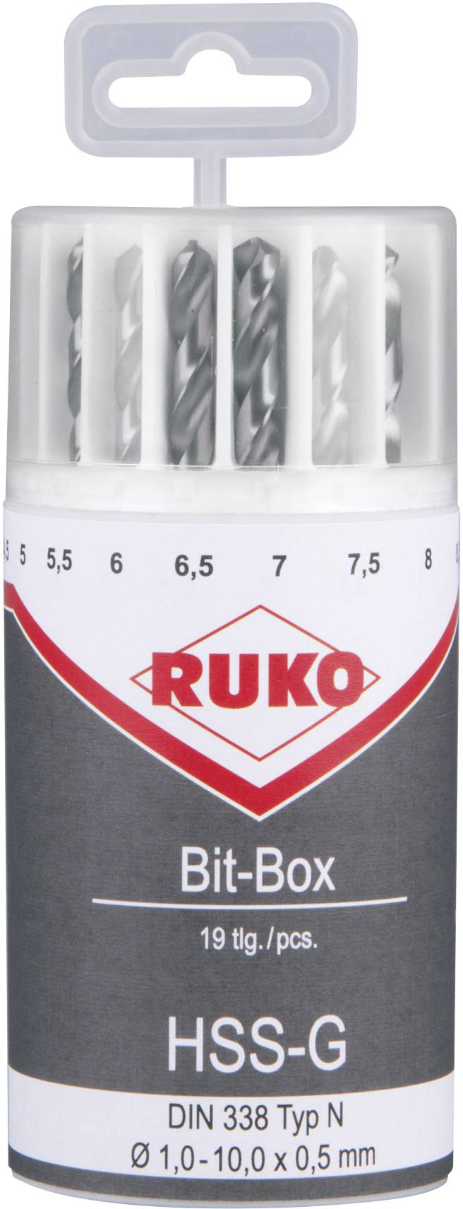 RUKO 214225 HSS-G Juego de brocas espirales de metal 19 piezas 1 mm, 1.5 mm, 2 mm, 2.5 mm, 3 mm, 3.5 mm, 4 mm, 4.5 mm, 5 mm, 5.5 mm, 6 mm, 6.5 mm, 7 mm, 7.5 mm, 8 mm, 8.5 mm, 9 mm, 9.5 mm, 10 mm DIN 338 Mango cilíndrico 1 Set
