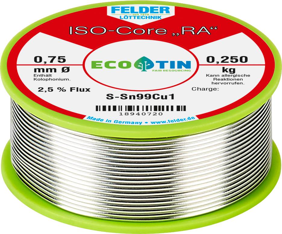 Felder ISO-Core "RA" Sn99Cu1 Estaño para soldar, sin plomo Bobina Sn99,3Cu0,7 0.250 kg 0.75 mm-0