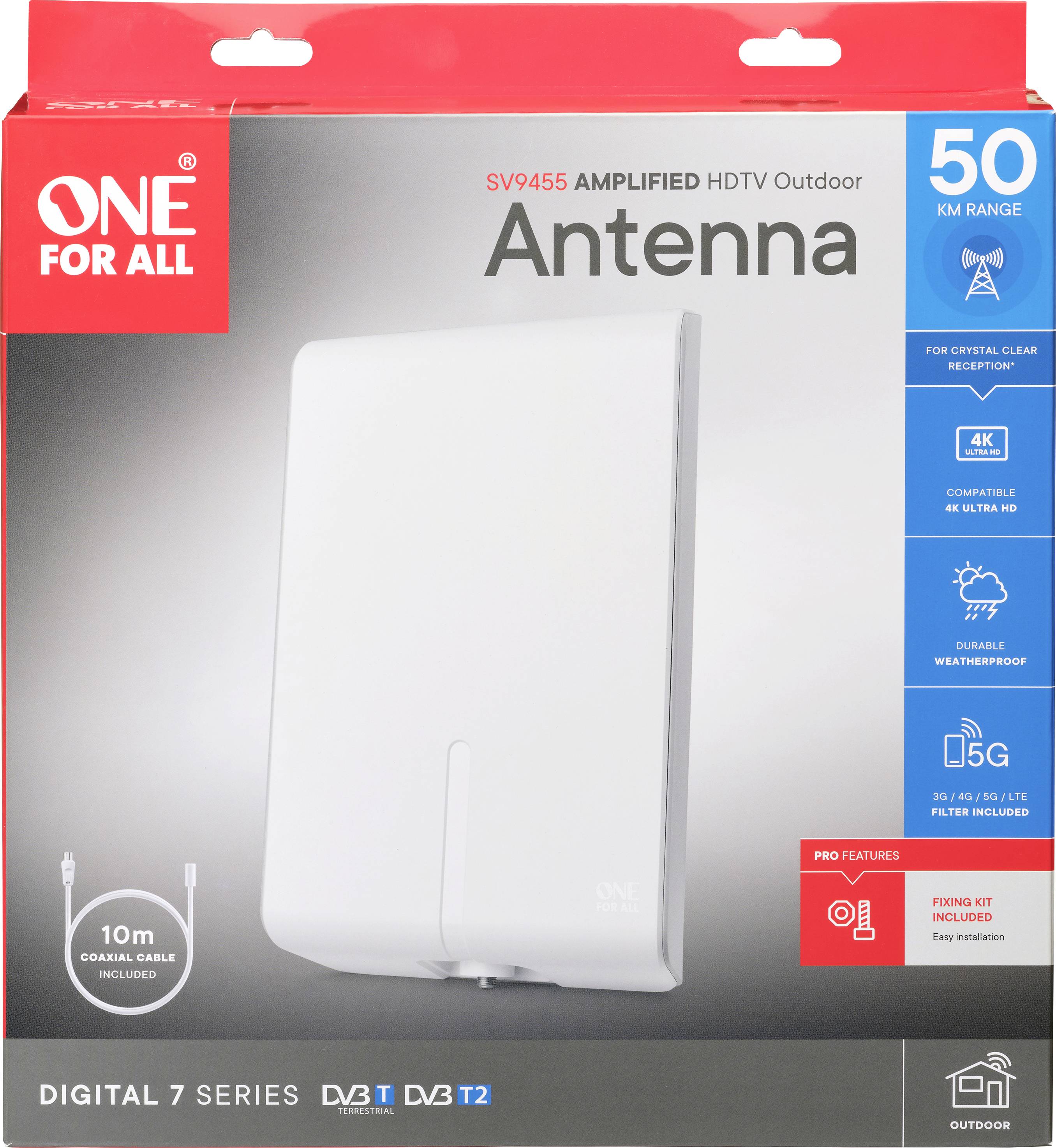 One For All SV 9455-5G Antena plana DVB-T/T2 pasiva Exterior Blanco