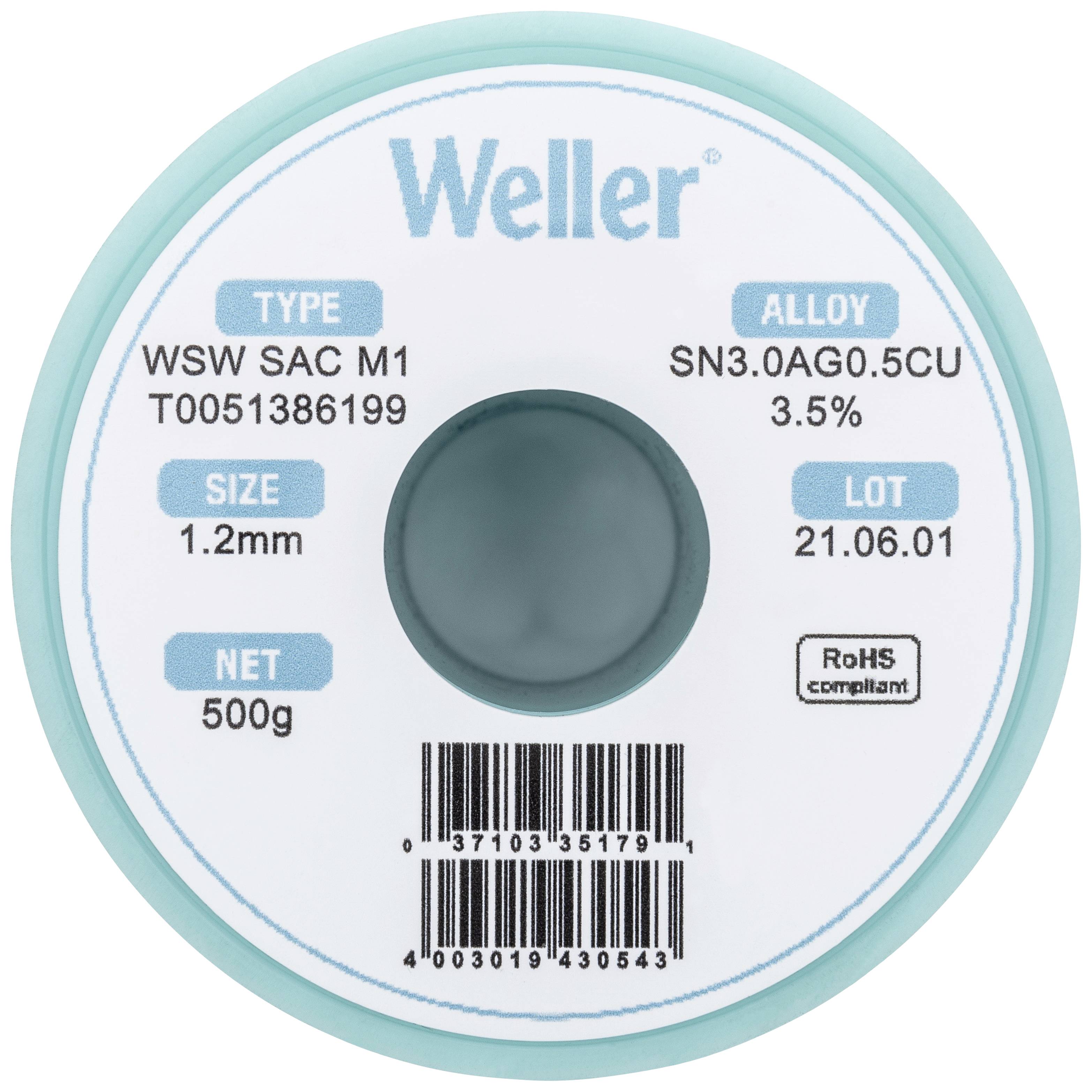 Weller T0051386199 Estaño para soldar, sin plomo Bobina, Sin plomo Sn3,0Ag0,5Cu 500 g 1.20 mm