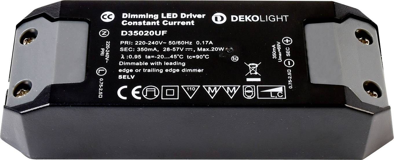 Deko Light Basic DIM CC Transformador de LED Corriente constante 20 W 350 mA 28 - 57 V Atenuable, Protección contra sobrecarga 1 UD(S).