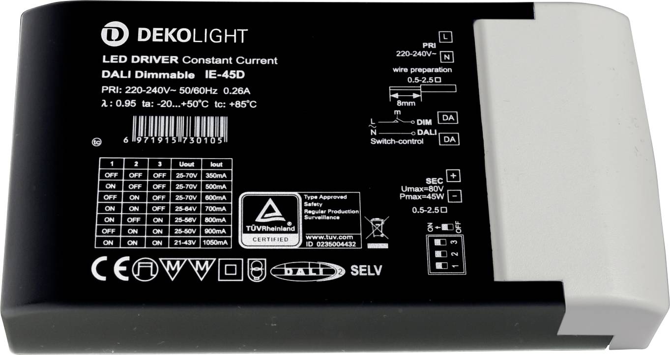 Deko Light BASIC, DIM, Multi CC, IE-45D Controlador de LED Corriente constante 45 W 350 - 1000 mA 8.75 - 70 V Atenuable,-0