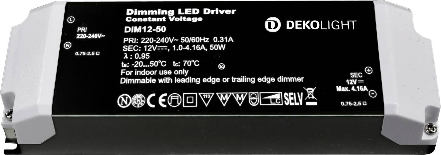 Deko Light BASIC, DIM, CV 12V 12-50W Controlador de LED Tensión constante 50 W 1000 - 4610 mA 12 V Atenuable 1 UD(S).-0