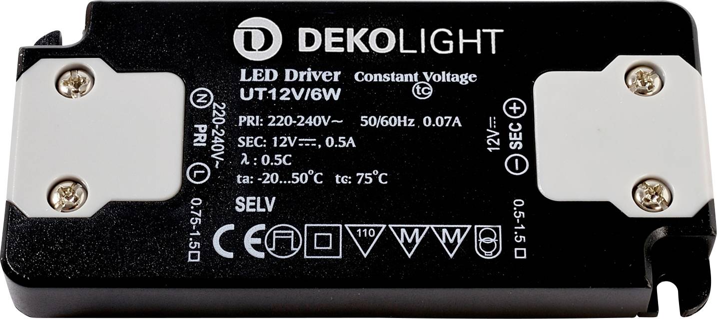 Deko Light FLAT, CV, UT12V/6W Controlador de LED Tensión constante 6 W 0 - 500 mA 12 V Protección contra sobrecarga 1 UD-0