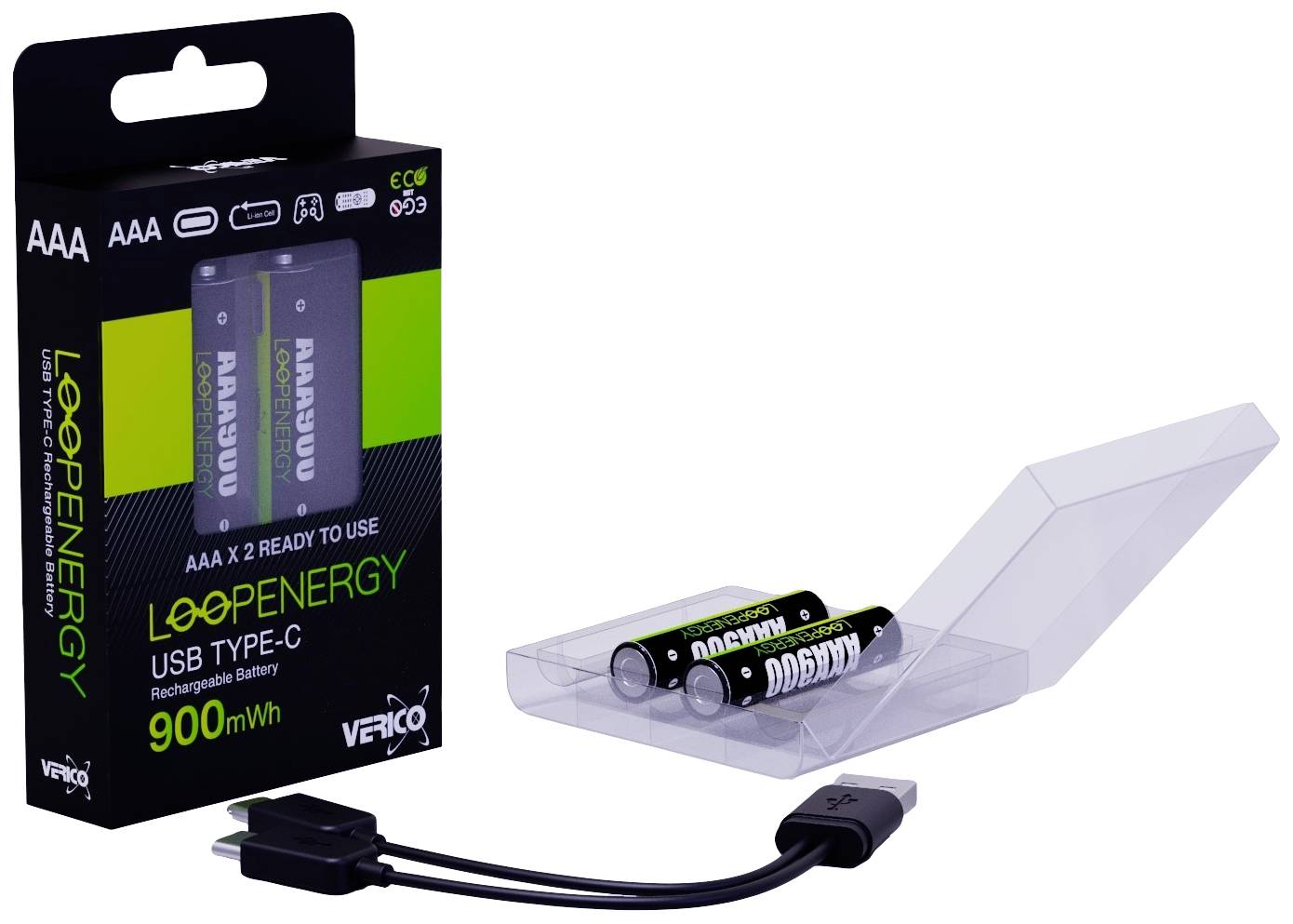 Verico Verico LoopEnergy AAA USB-C Micro-Akku 900mWh 2 St. Batería con USB-C® Li-Ion 600 mAh 1.5 V 2 ST-4