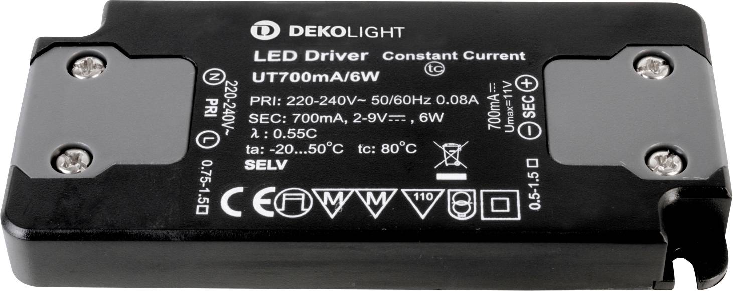 Deko Light FLAT, CC, UT Controlador de LED Corriente constante 6 W 80 mA - 0.70 A 9 V/DC 1 UD(S).
