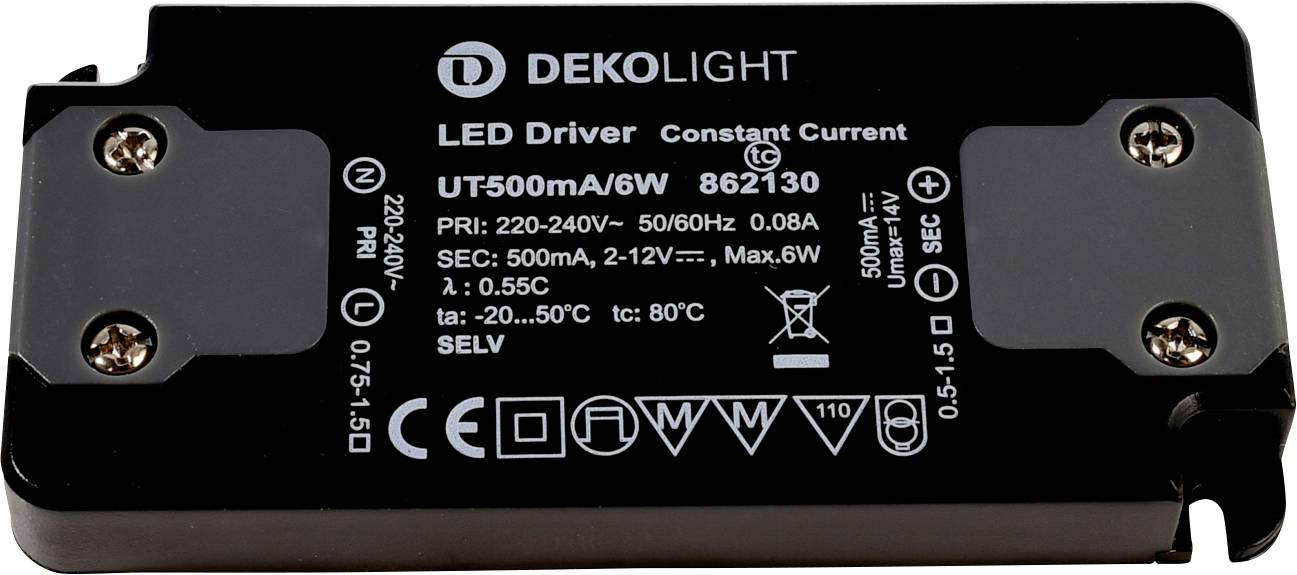 Deko Light FLAT, CC, UT Controlador de LED Corriente constante 6 W 500 mA - 0.50 A 2 - 12 V/DC 1 UD(S).
