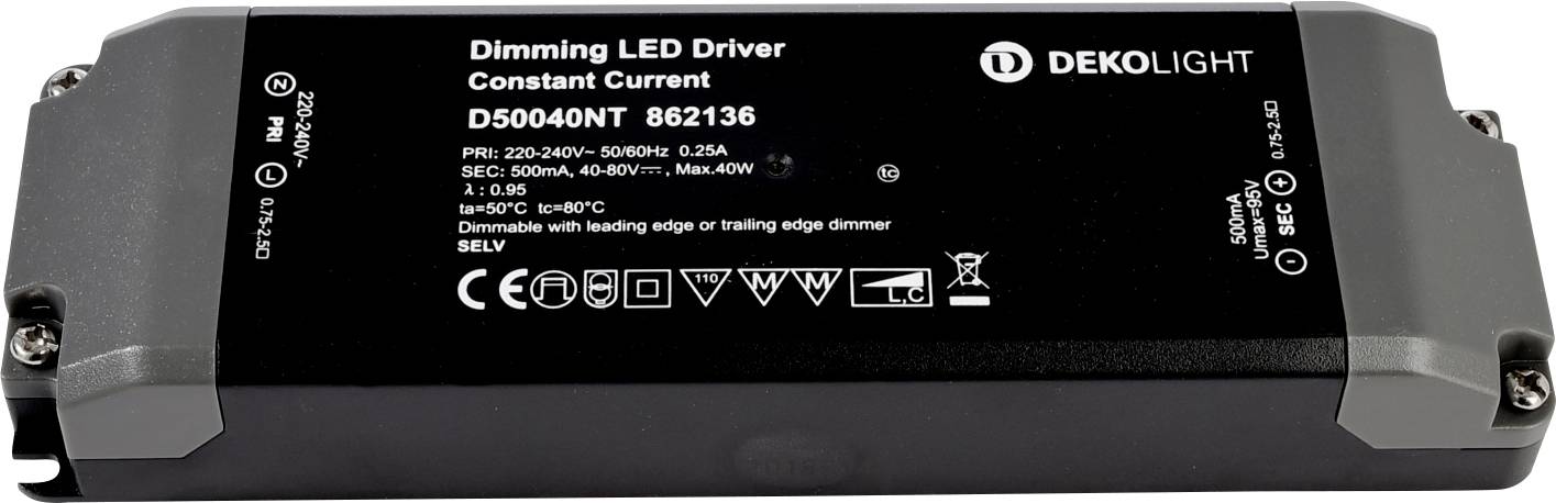 Deko Light BASIC, DIM, CC, D50040NT/40W Controlador de LED Corriente constante 40 W 500 mA - 0.50 A 40 - 80 V/DC Atenuable 1 UD(S).