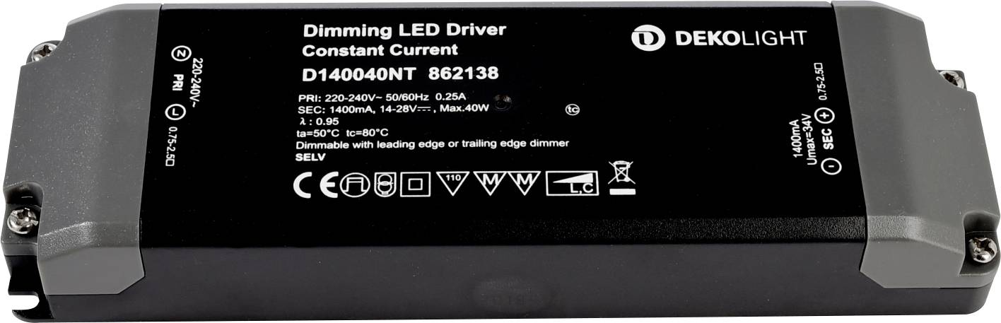 Deko Light BASIC, DIM, CC, D140040NT/40W Controlador de LED Corriente constante 40 W 1.40 A 14 - 28 V/DC Atenuable 1 UD(S).
