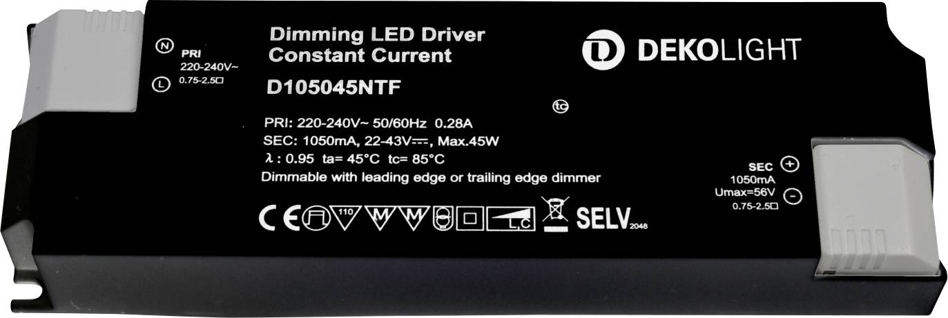 Deko Light BASIC, DIM, CC Controlador de LED Corriente constante 45 W 1050 mA - 1.05 A 22 - 43 V/DC Atenuable 1 UD(S).