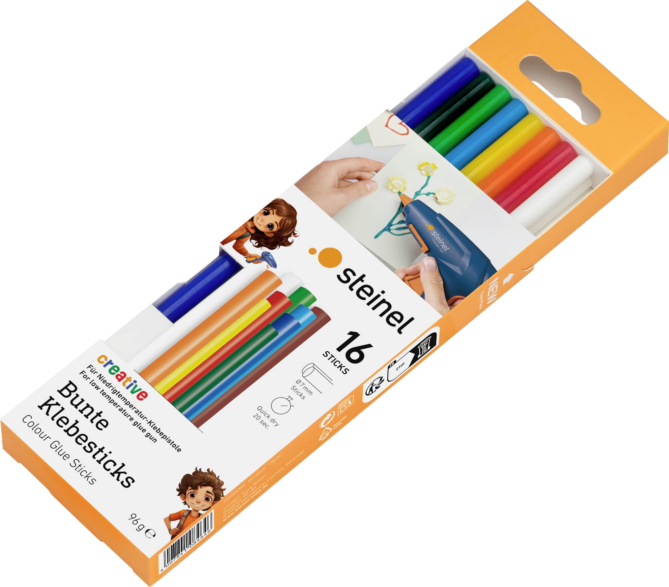 Steinel KLEBESTICKS 85°C 7MM COLOR 96G Barras de cola 7 mm 150 mm Colorido, Rot, Amarillo, Verde, Naranja, Blanco, Marrón, Schwarz 96 g 16 UD(S).