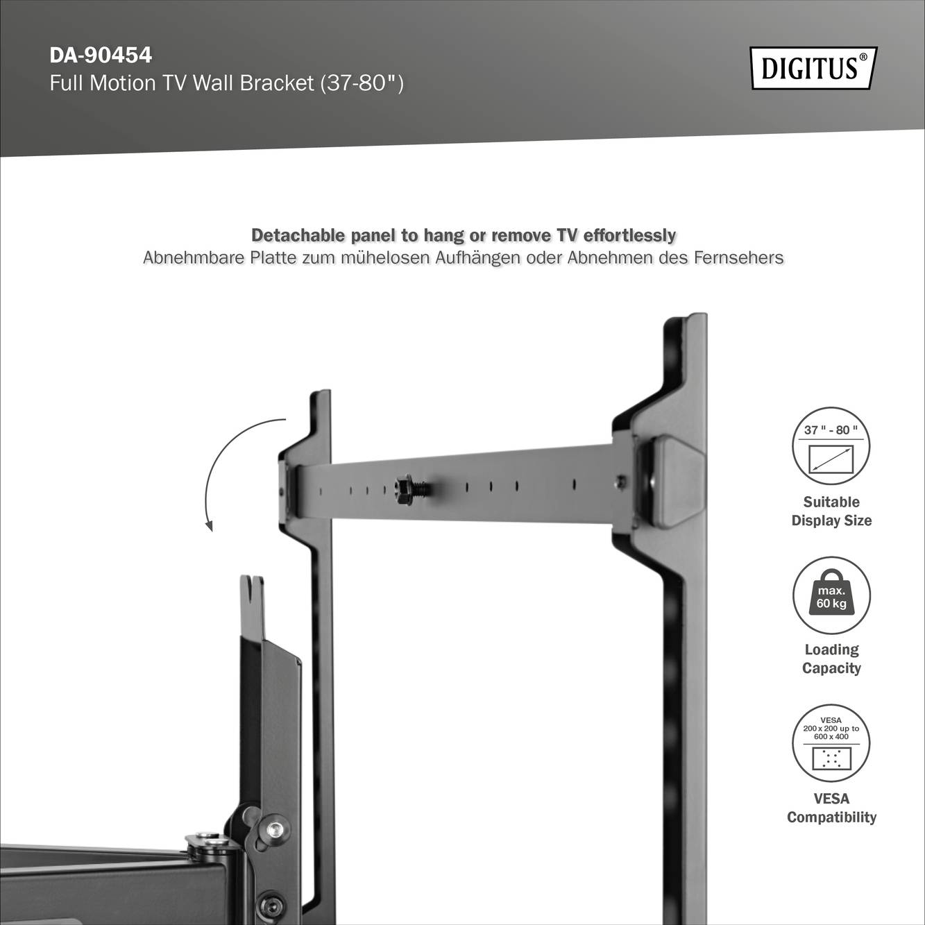 Digitus DA-90454 Soporte de pared para TV 114,3 cm (45") - 177,8 cm (70") Extensible, Inclinable, Inclinable, Orientable-4