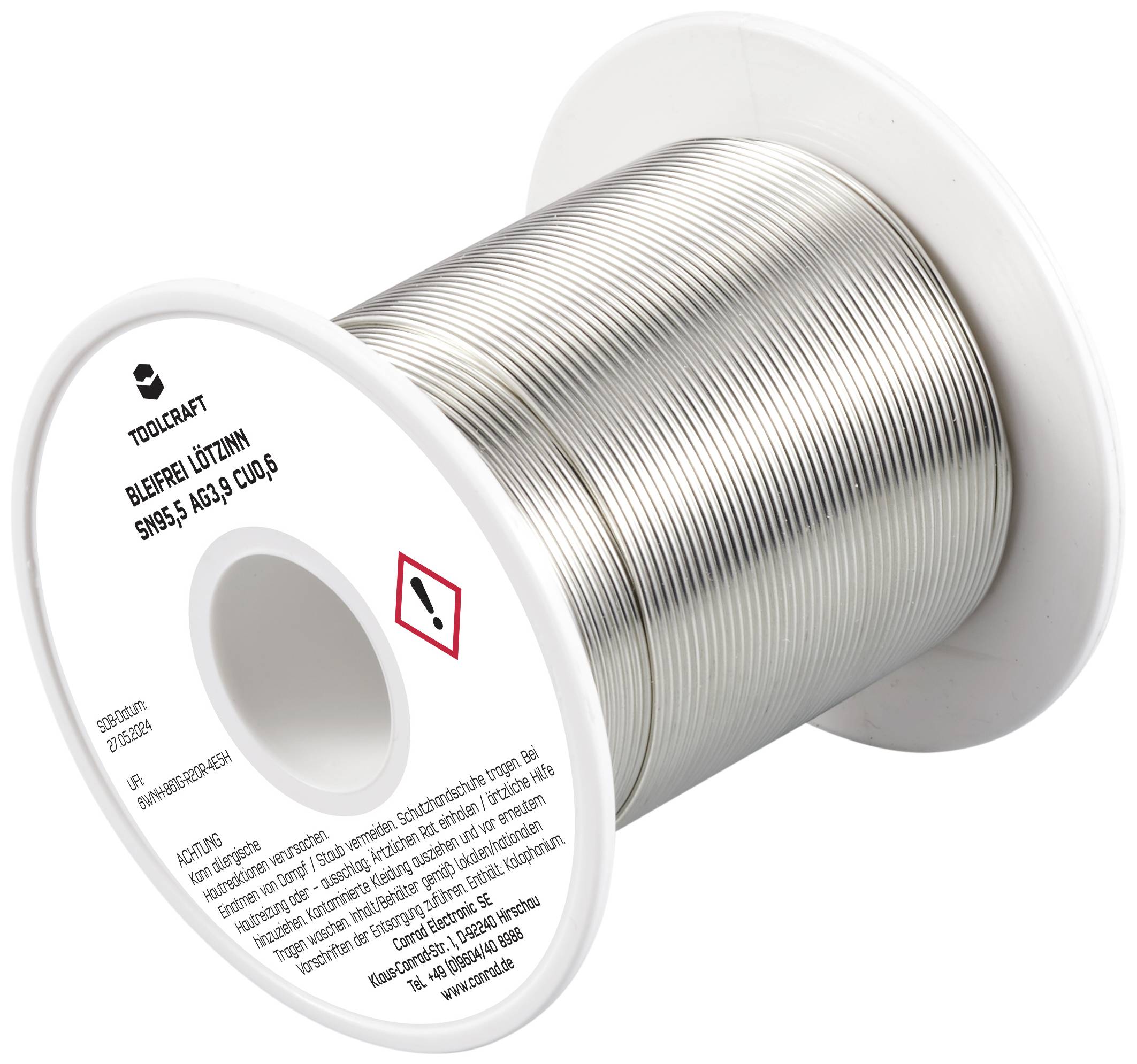 TOOLCRAFT TO-9503313 Estaño para soldar, sin plomo Bobina Sn95,5Ag3,9Cu0,6 ROL1 100 g 1 mm