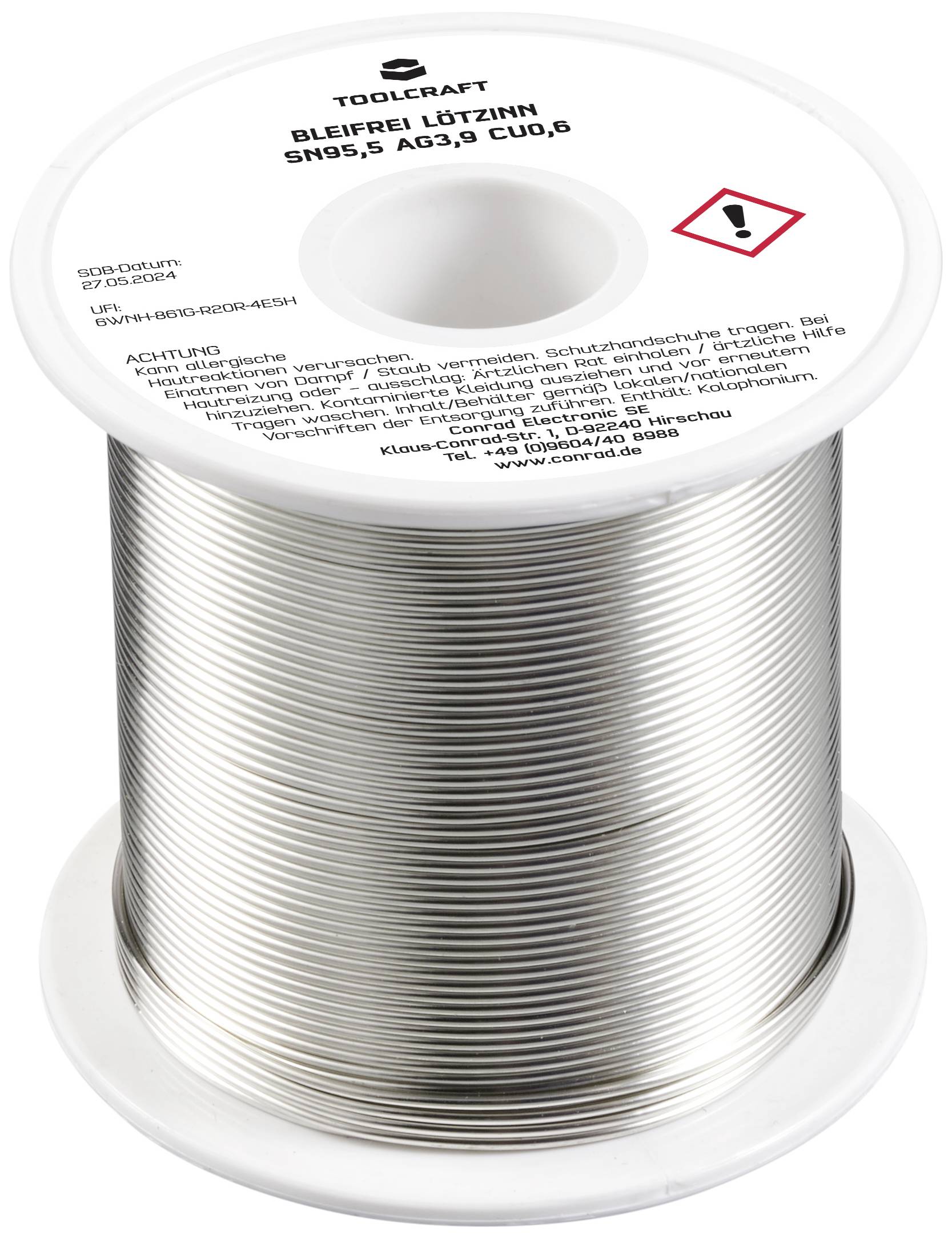 TOOLCRAFT TO-9503316 Estaño para soldar, sin plomo Bobina Sn95,5Ag3,9Cu0,6 ROL1 250 g 1 mm-2