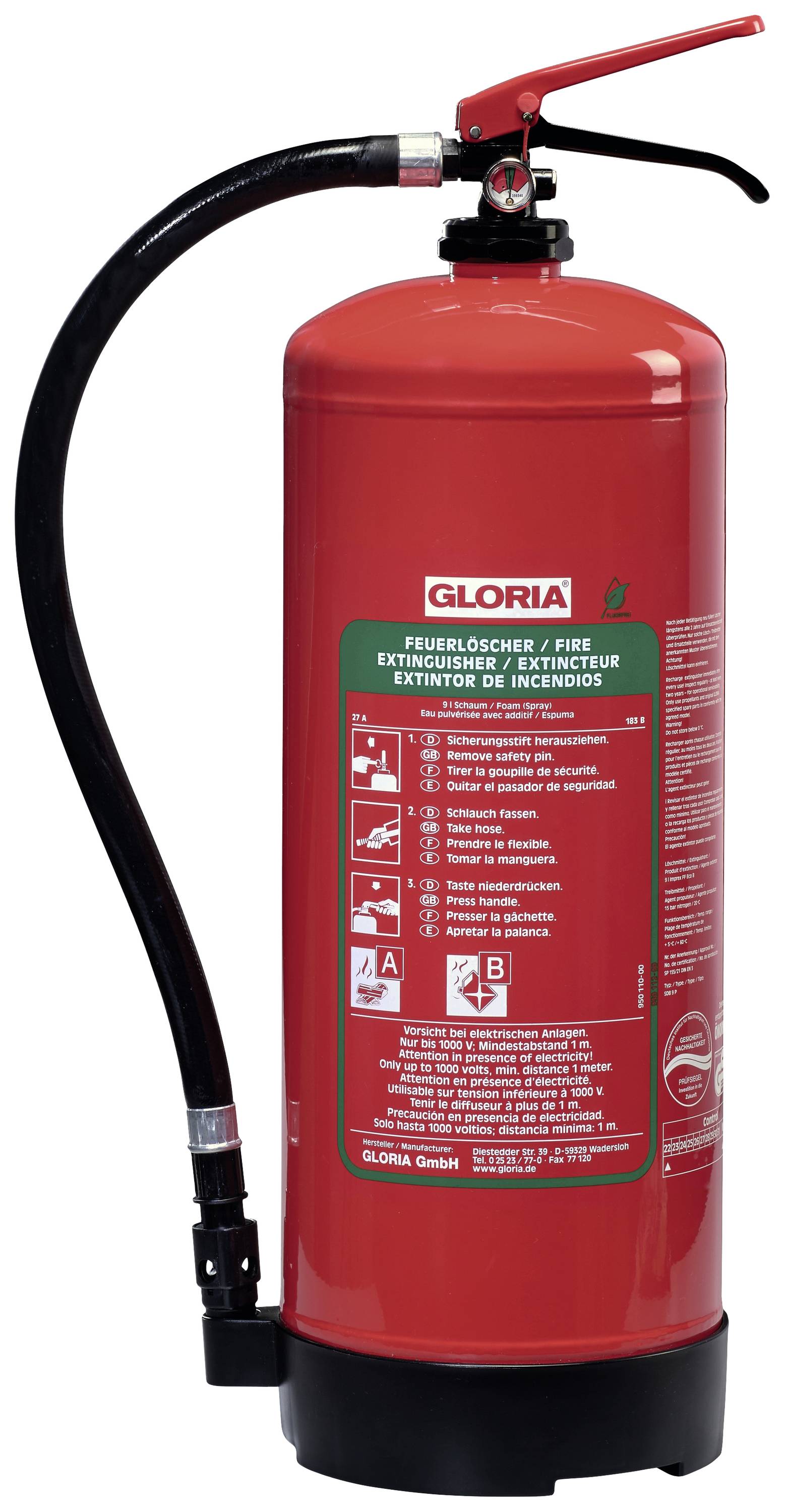 Gloria SDB 9 Extintor de espuma Con manómetro, Sin flúor 9 l Clase de incendio: A, B Contenido 1 UD(S).