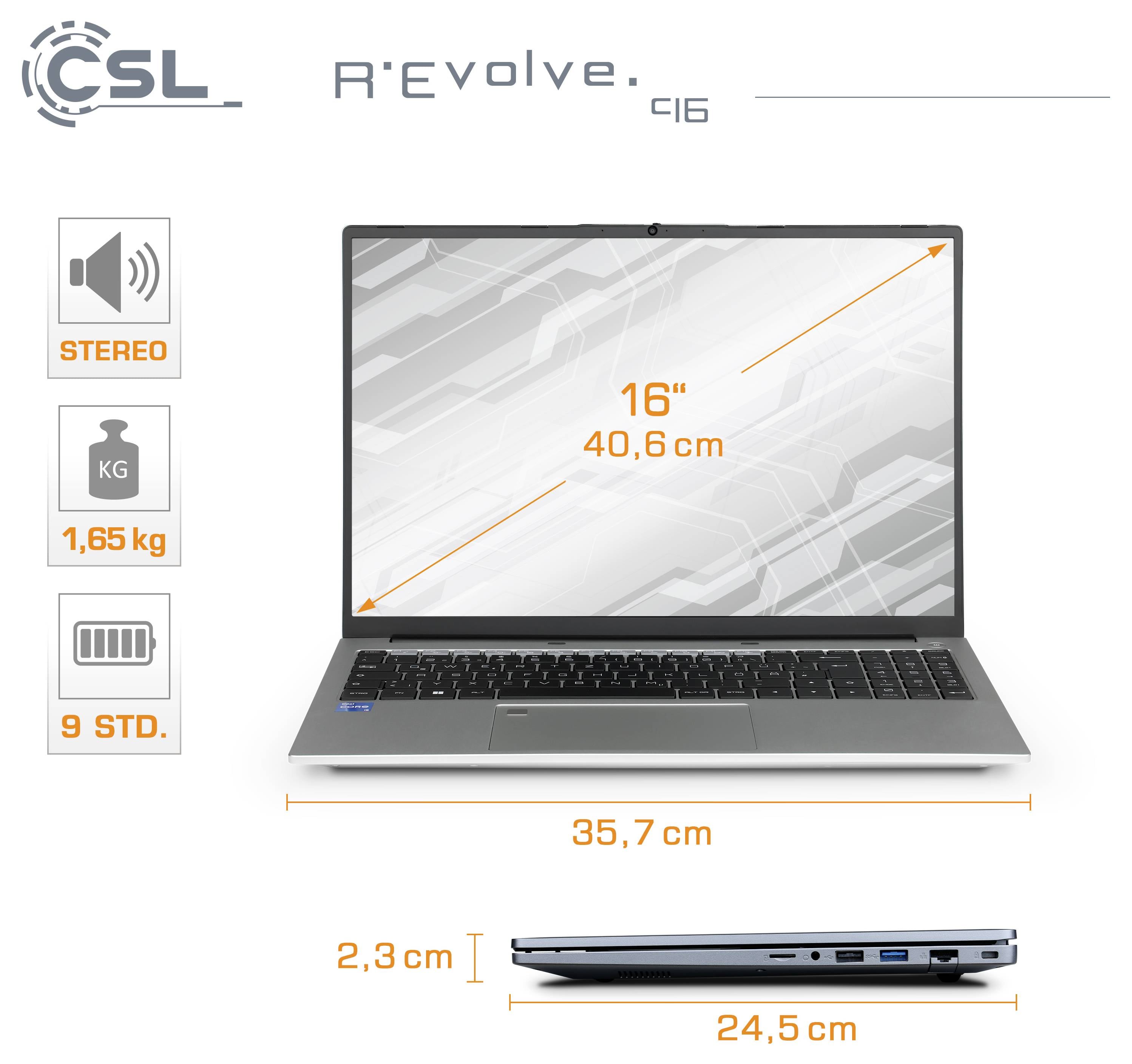 CSL Computer Ordenador portátil CSL R'Evolve C16 40.6 cm (16 In.) WUXGA Intel® Core™ i5 32 GB RAM 500 GB SSD Alemán, QWE-1