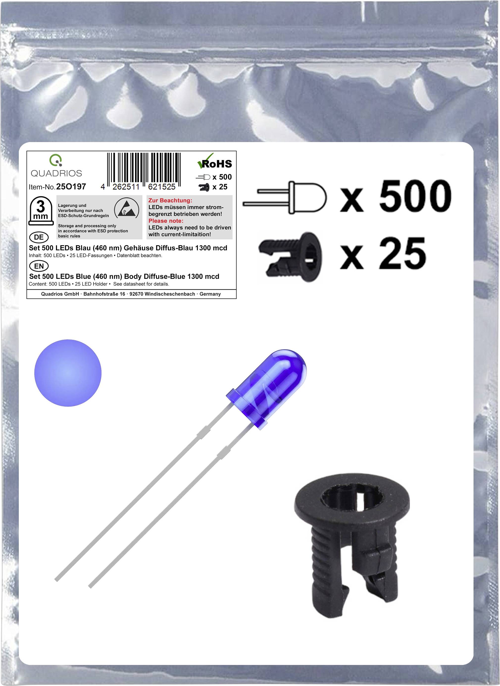 Quadrios 25O197 Surtido LED Blau Redondo 3 mm 1300 mcd 20 mA 3.0 V