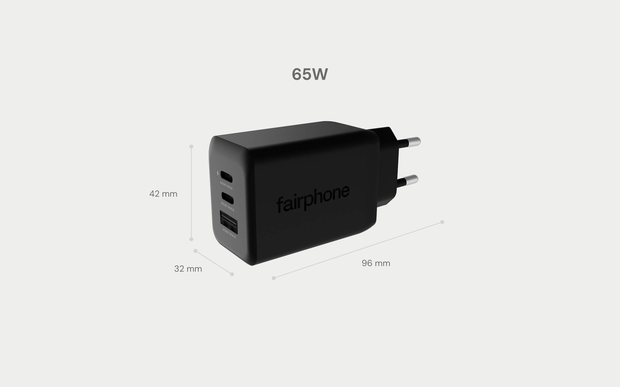 Fairphone 65W Triple-Port Fast Charger Cargador USB 65 W 2x USB-C®, USB-A Schwarz Toma de corriente Quick Charge 3.0 de -6