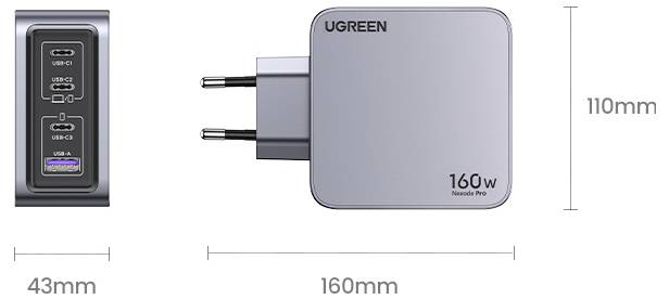 UGREEN Nexode Pro Adaptador de carga 160 W Conector hembra USB-C®, Conector hembra USB-C®, Conector hembra USB-C®, Conec-12