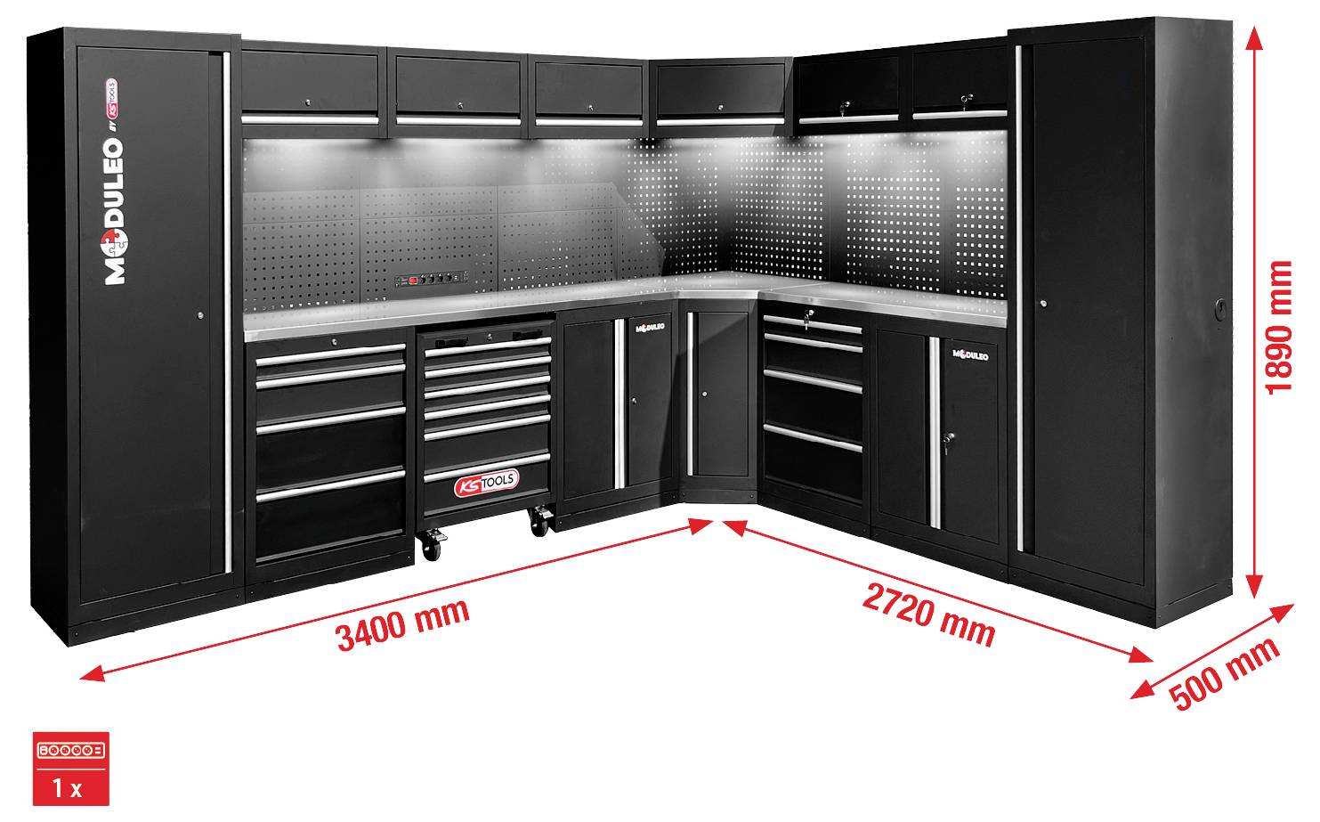 KS Tools 866.6225 Sistema de armarios de taller (Anch. x Alt. x Prof.) 3400 x 1890 x 500 mm Negro/Gris-1