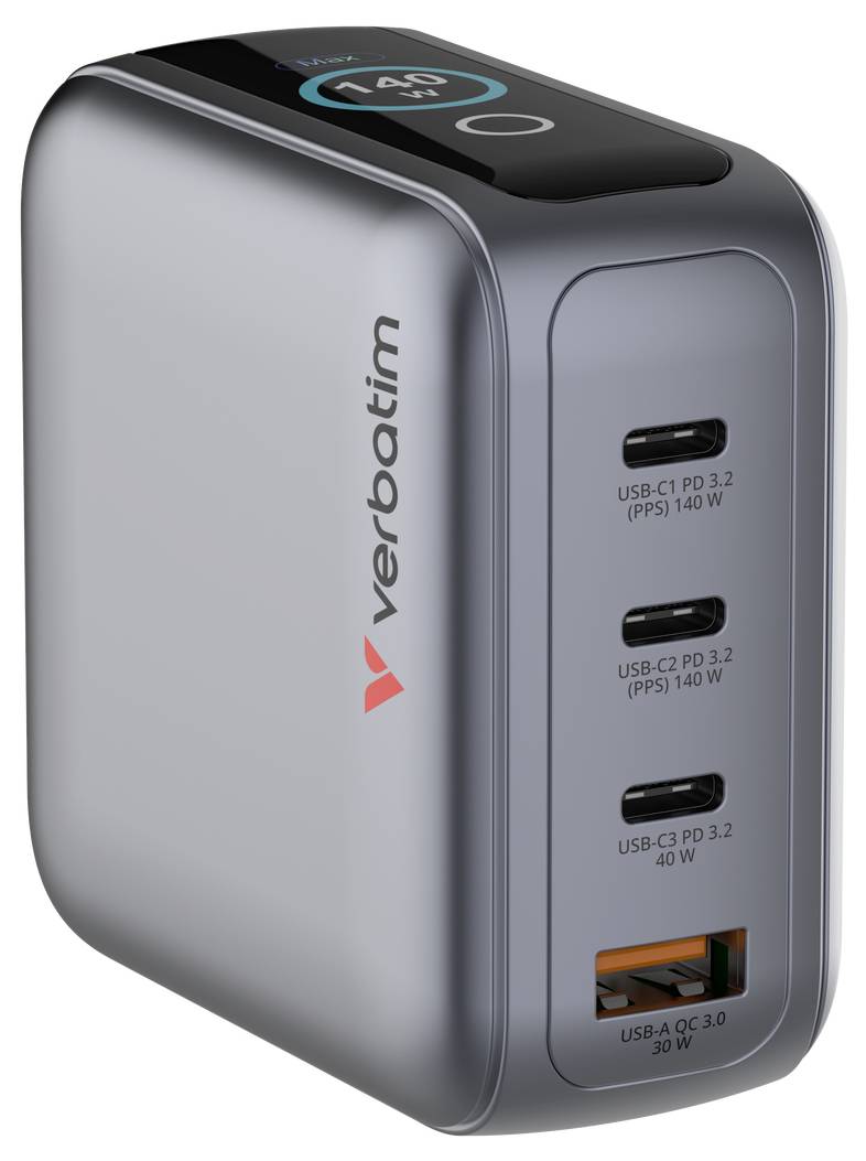 Verbatim 30240 Cargador USB 140 W QC 3.0, Power Delivery 3.0 Gris Interior GaN-1