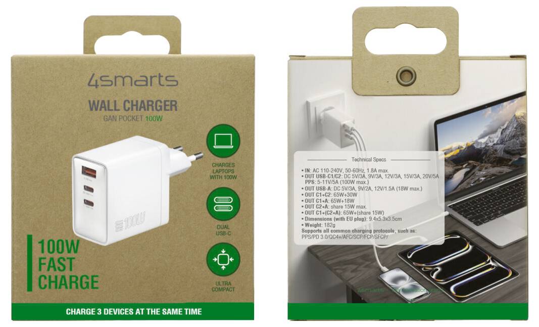 4Smarts Cargador USB 100 W 2x USB-C®, USB Power Delivery Blanco Interior GaN, Suministro de potencia USB (USB-PD)-1